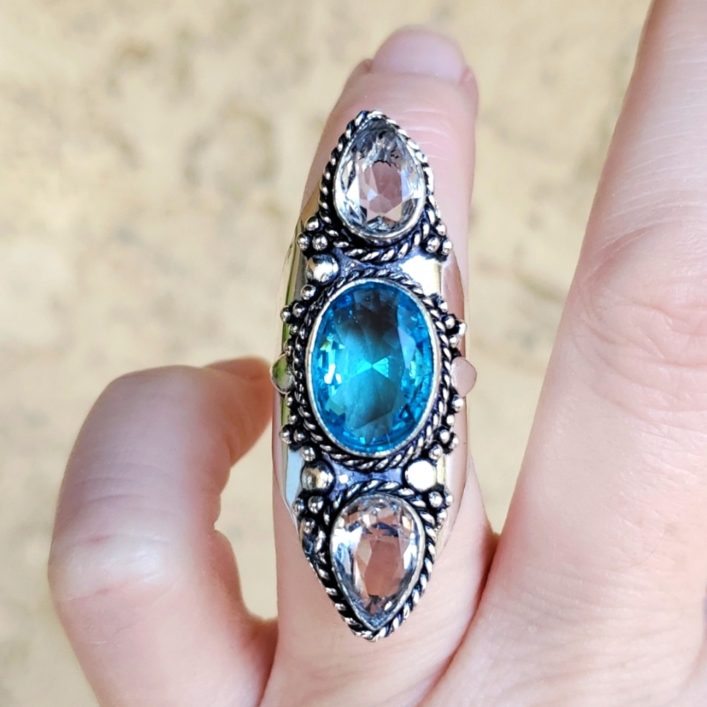 New Oversized Blue and White Topaz 925 Silver Statement Ring.